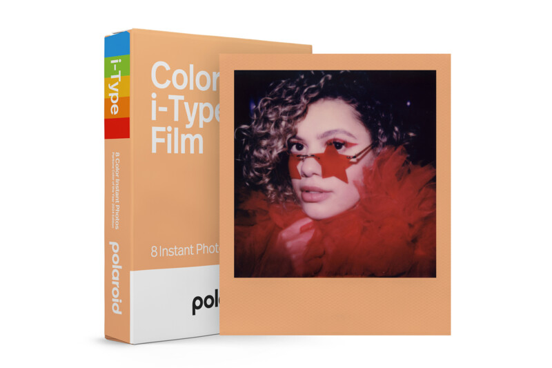 A box of Polaroid's Pantone collaboration film with Peach Fuzz border.