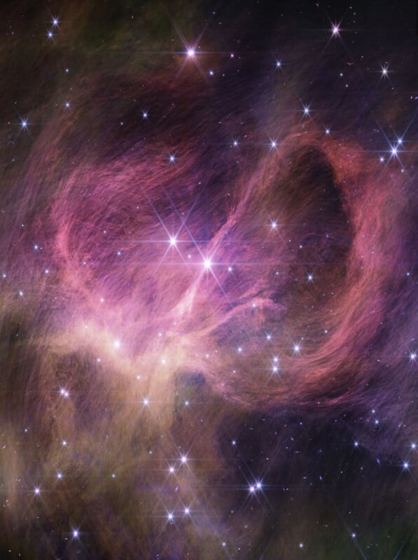 Purple, pink, and yellow swirls with bright stars as found in star cluster IC 348.