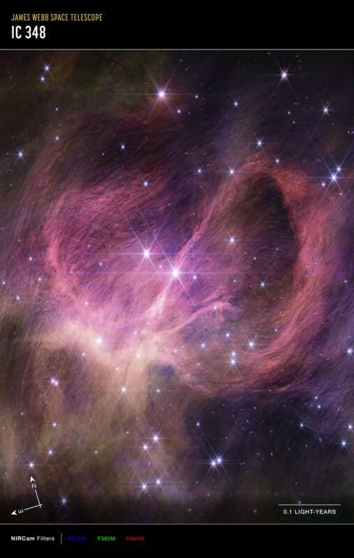 Purple, pink, and yellow swirls surround bright stars in space in the star cluster IC 348.
