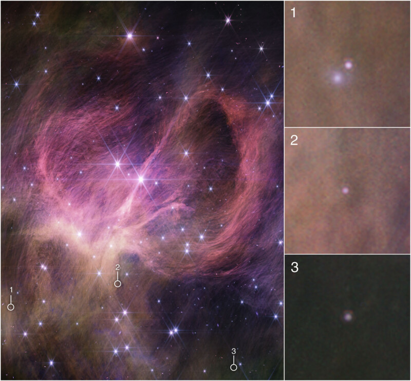 Pink and yellow swirls surround bright stars in space with closeups of three brown dwarfs.