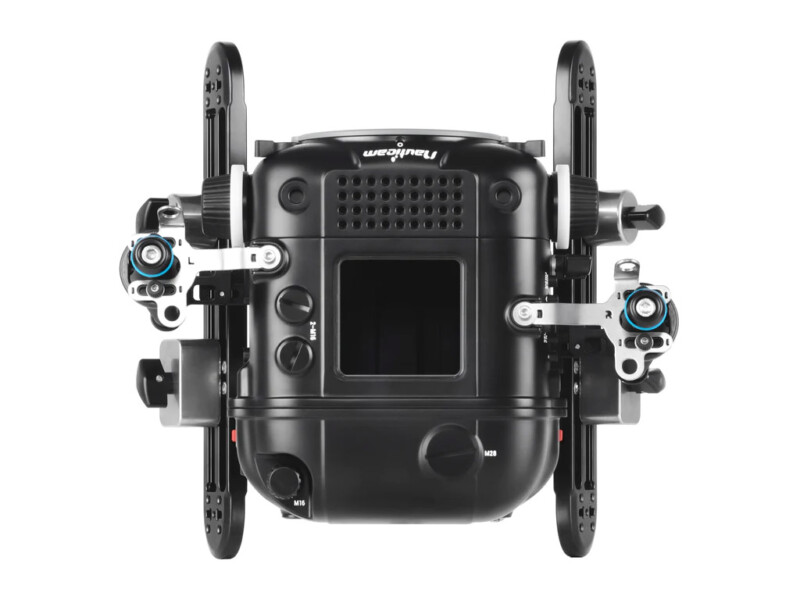 A top view of the Nauticam RED KOMODO-X underwater housing against a white background. 