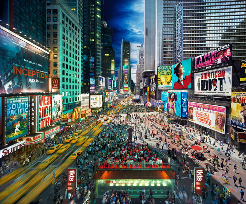 Times Square shown from night to day as the image moves from left to right