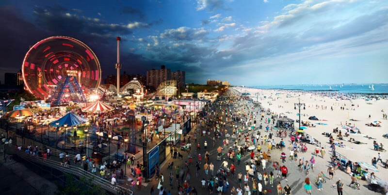 A scene of Coney Island moves from night to morning from left to right.