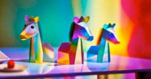 Image created using Adobe Firefly generative model depicts colorful horse statues.