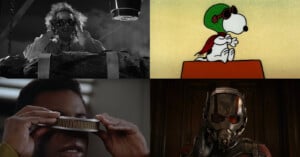 Four scenes from the APple Vision Pro ad showing characters with headsets.