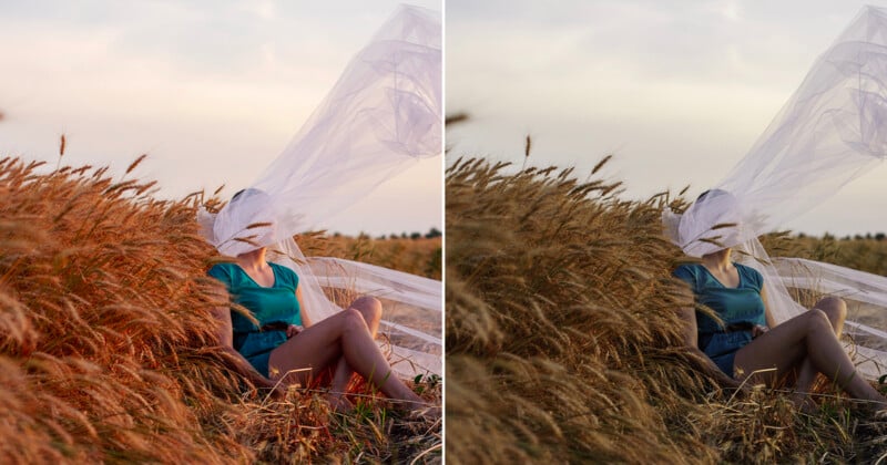 Two versions of the same image of a girl in a wheat field with drastically different colors.