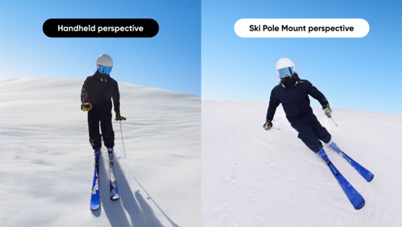 אדם גולש במדרון מושלג בעודו מחזיק את הר מוט הסקי Insta360.