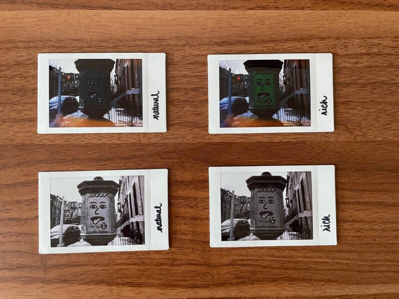 Four instant camera prints showing color and monochrome images in the natural and rich print settings.