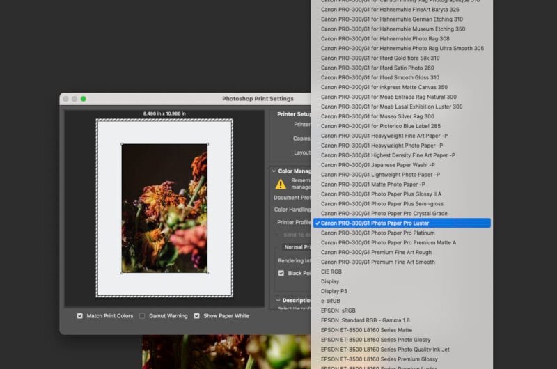 A screenshot shows the printer settings and ICC profiles in Photoshop.