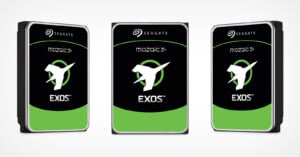 Three angles of the Seagate Exos X Mozaic 3+ 30TB hard drive are placed against a white background.