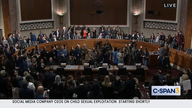 A wide shot of the Senate Judiciary hearing.