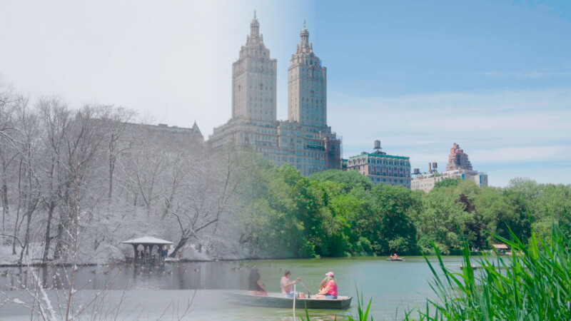 A pond in Central Park seen in winter fades into a summer scene.