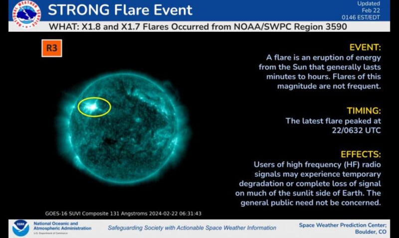 A graphic shows the location of the latest solar flare and details the impact. 