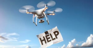 AI-generated drone holding help sign