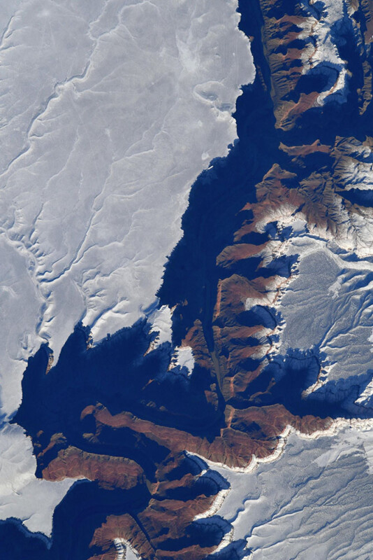 Snow-covered Grand Canyon photographed from space