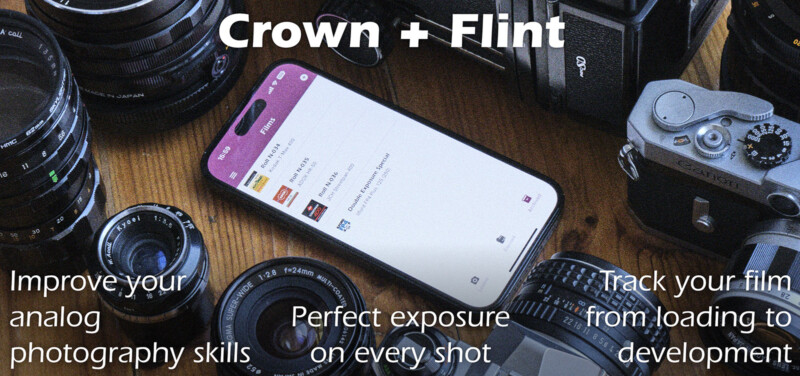 A phone sits on a table surrounded by analog photography gear with text that explains what the Crown + Flint app does. 