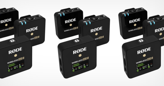 The Rode Wireless Go II is placed against a white background and repeated three times.
