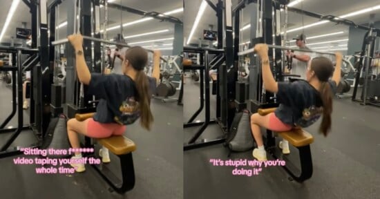 man mocks fitness influencer filming gym workout viral tiktok video