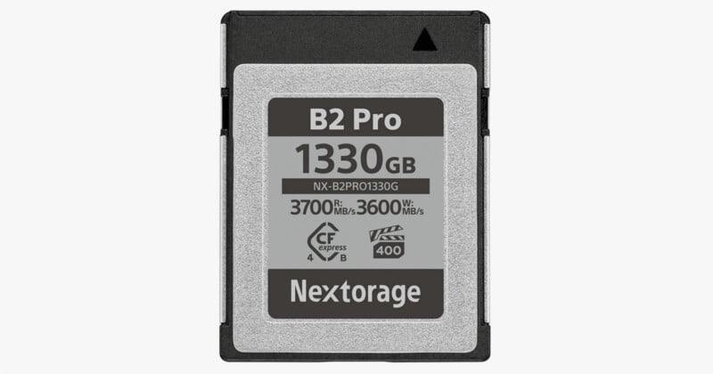 Product image of a Nextorage CFexpress 4.0 Type B memory card against a white background. 