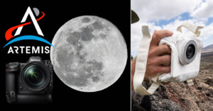 The Nikon Z9 is the camera of choice for the NASA Artemis III mission, which will mark humanity's return to the Moon. Nikon Z9 next to picture of the Moon. Camera in a person's hand.