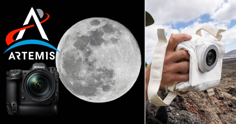 The Nikon Z9 is the camera of choice for the NASA Artemis III mission, which will mark humanity's return to the Moon. Nikon Z9 next to picture of the Moon. Camera in a person's hand. 