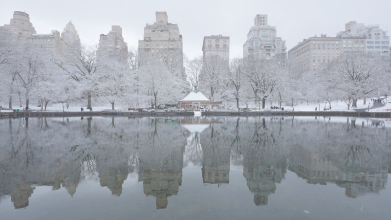 A building seen across a frozen pond in the winter in New York City.
