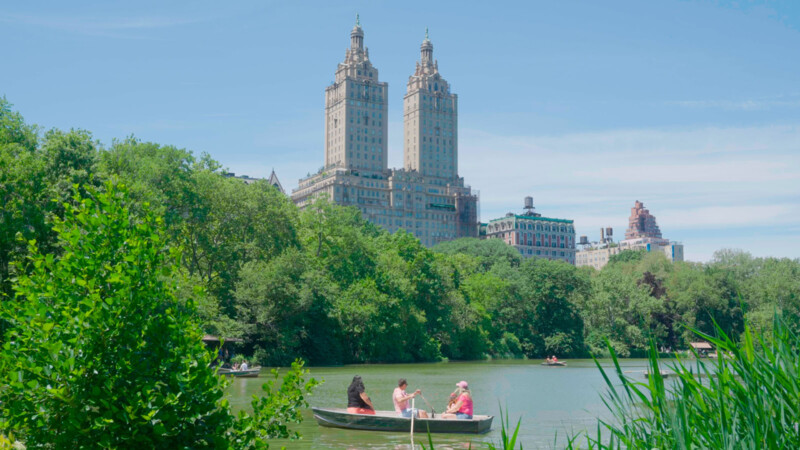 A pond in Central Park with people riding in a boat.