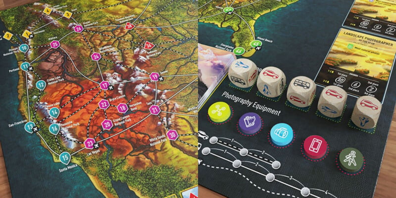 Two photos of the game board for Photo Tour: North America