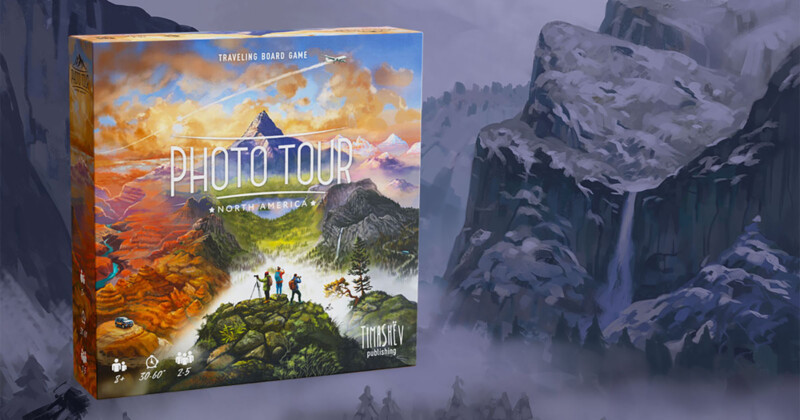 Photo Tour: North America board game against a gray illustrated background.
