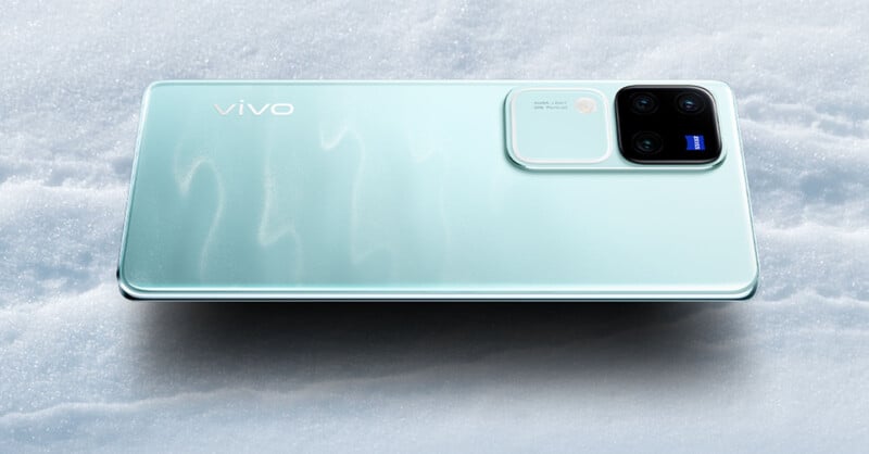 The Vivo V30 Pro smartphone, face down on a gray background.