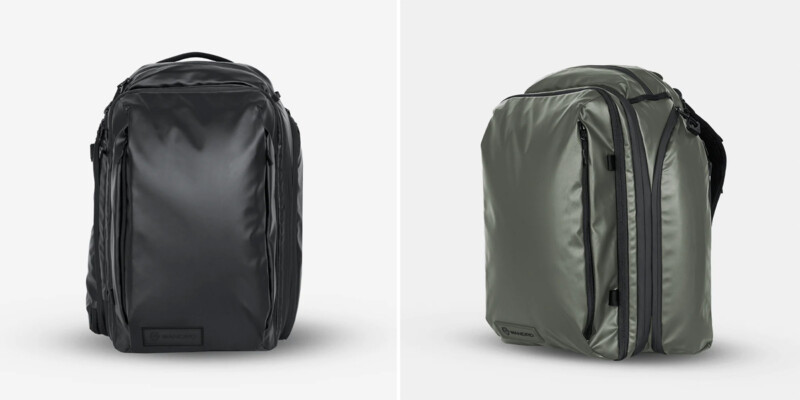 Black and Wasatch Green Wandrd Transit Travel Backpacks sit against a white background. 