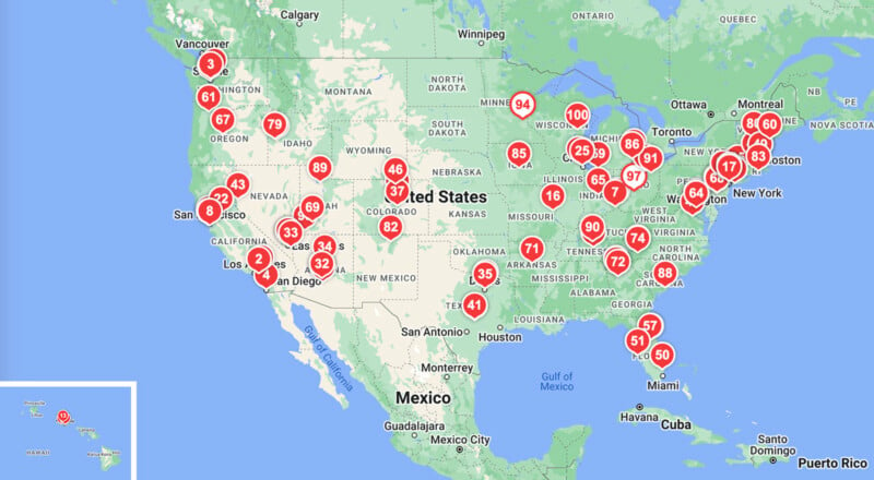 Map of the United States showing the top 100 wedding photographers of 2024, per Yelp. 