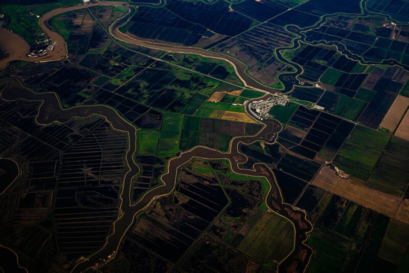 Graham Washatka aerial landscape photograph, taken from an airplane, showing farmland in California 