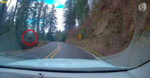 Dashcam footage shows a car go off the road before heading toward an embankment.