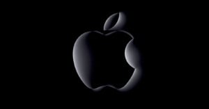 A high-contrast image of the apple inc. logo in monochrome black set against a dark background, emphasizing its distinctive apple shape with a bite taken out on the right side.