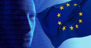 EU AI Act illustration, cyborg-like face next to the European Union flag