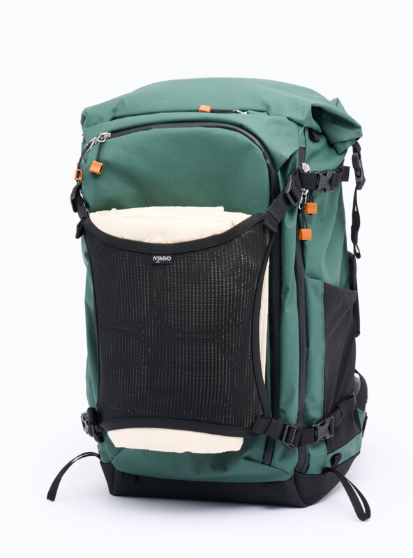 A product shot of the Fjord 50-C camera backpack with the attachable mesh.