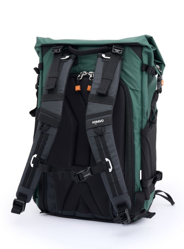 The back of the Fjord 50-C expandable camera backpack in the color pine.
