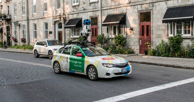 Google Street View car on a city street