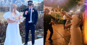 groom wears apple vision pro headset wedding day immersive photos bride