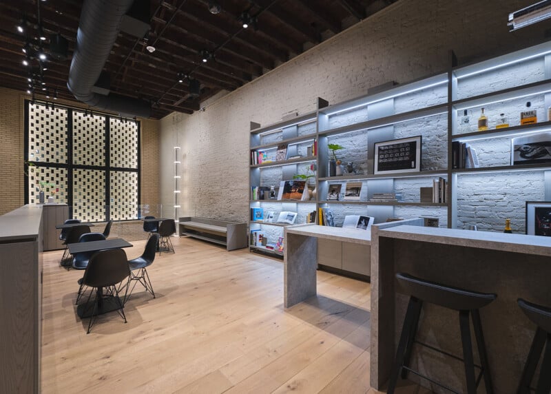 The library and seating area in Leica's new NYC flagship location.