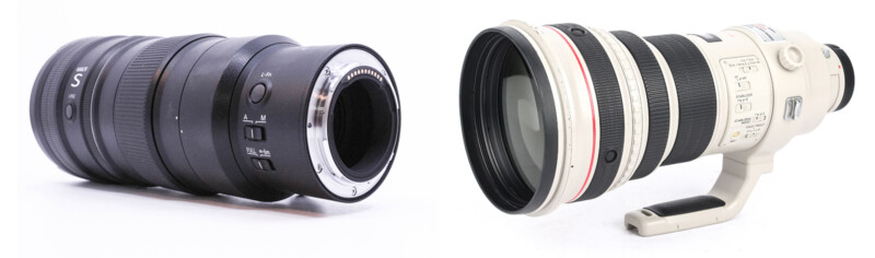 Two telephotos lenses are placed against a white background. 