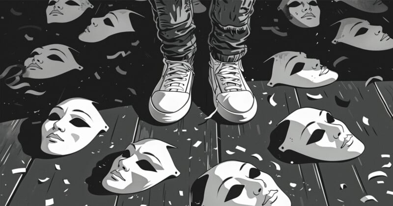 black and white illustration of masks scattered around someone's feet
