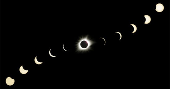 The stages of the solar eclipse are edited together into a curving line against a black background.