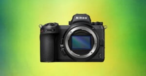 The Nikon Z7 II camera body sits in front of a green to yellow gradient.