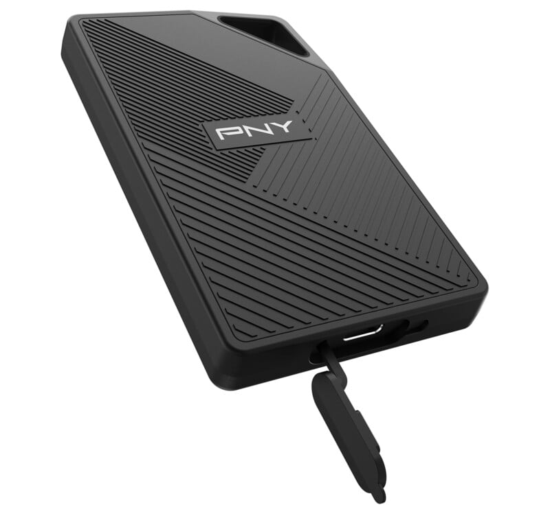 A PNY RP60 Portable SSD sits against a white background withe the USB-C port cover open.