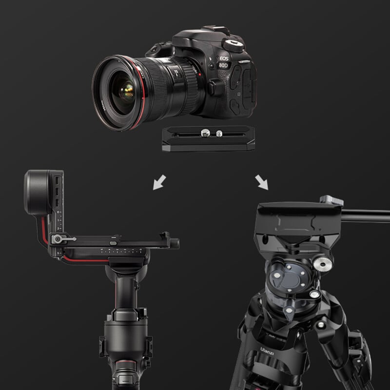 A graphic shows a camera above a gimbal and the Ulanzi Tripod against a black background.