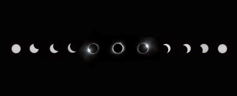 All stages of the total solar eclipse are lined up against a black background. 