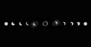 All stages of the total solar eclipse are lined up against a black background.