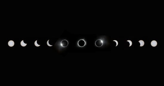All stages of the total solar eclipse are lined up against a black background.